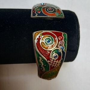 Vintage Tribal Colorful Enamel Swirl And Silver Bracelet